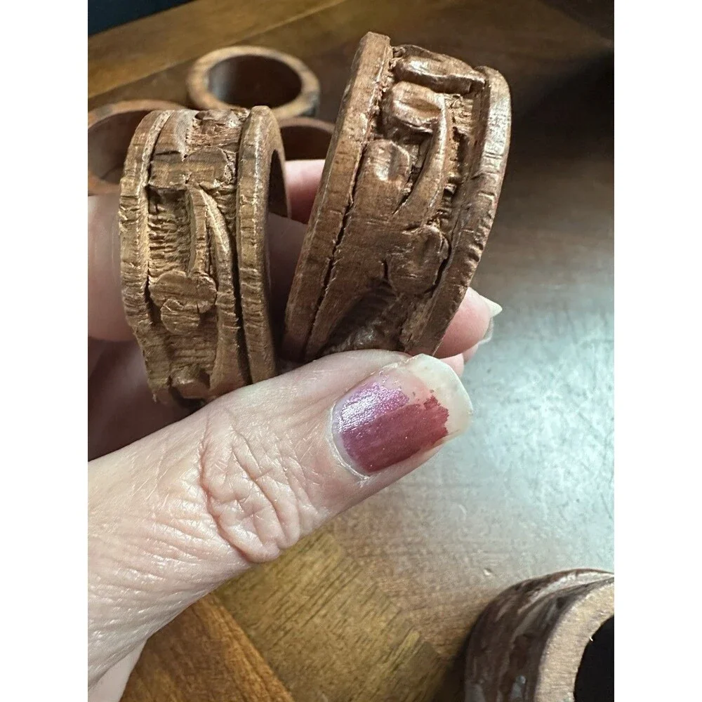 Vintage Carved Teak Wood Napkin Rings Set of 8 Measures 1 7/8 by 5/8